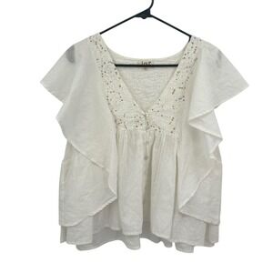 Boho Embroidered Cotton Blouse M/L Ivory Flutter Sleeve Cottagecore Romantic